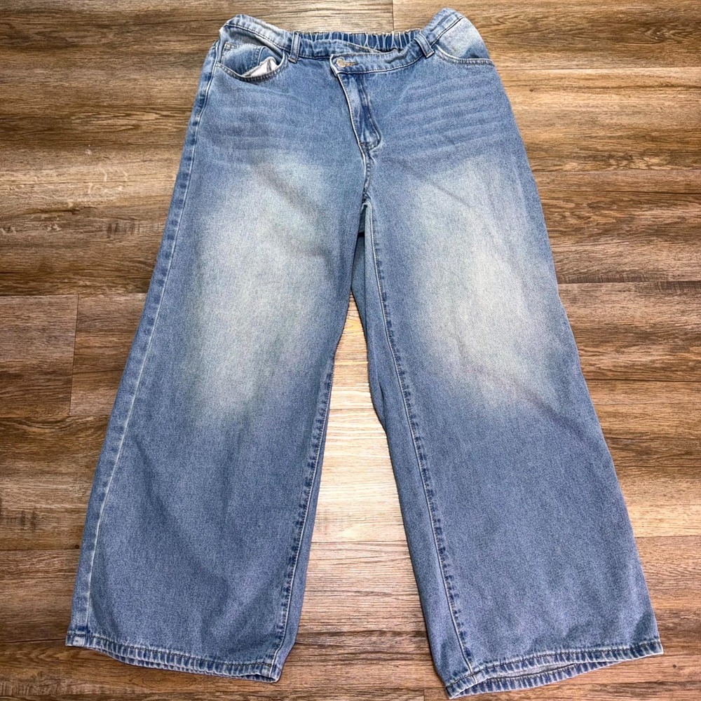 Shein Curve Jeans Womens 0XL Blue Denim Cotton Stretch Wide Leg Elastic Waist